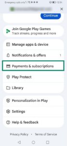 Google Play's account settings, with a highlighted "Payments & subscriptions" option.