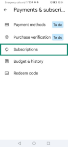 The "Subscriptions" option in Payments & subscriptions in Google Play.