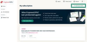 The My subscription page in ExpressVPN+, showing a highlighted "+Add Subscription" button.