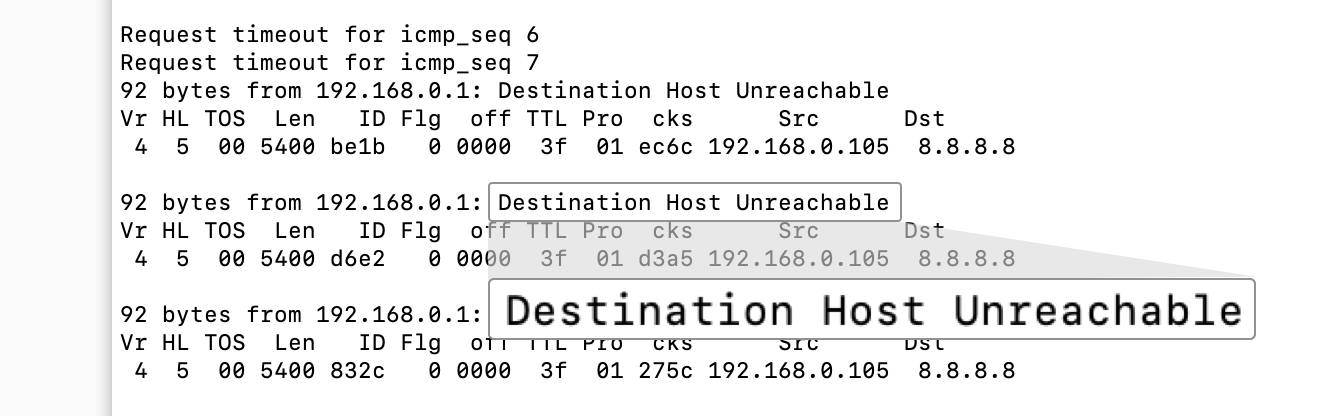 The ping tests should read “Timed Out” or “Destination Host Unreachable.”