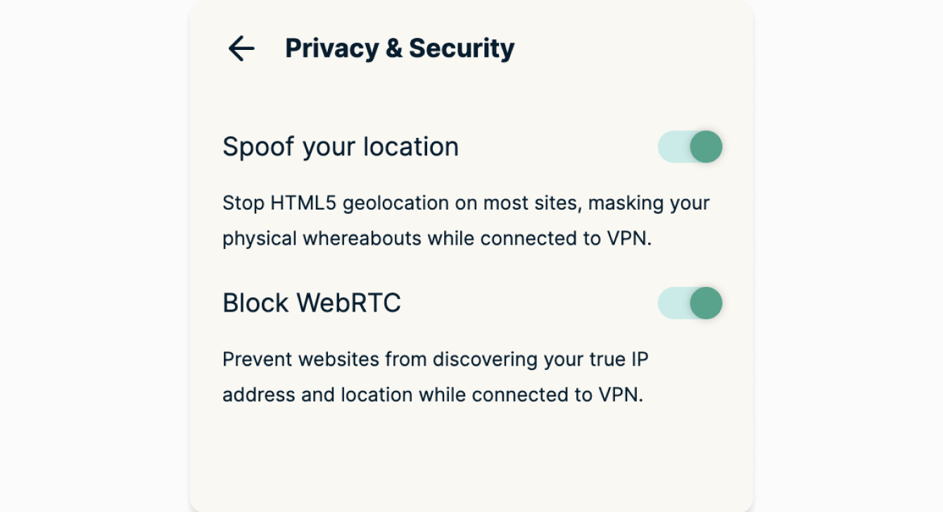 The Privacy & Security menu for the ExpressVPN Chrome browser extension. The "Spoof your location" and "Block WebRTC" options are both toggled on.