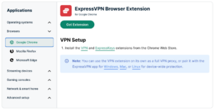 ExpressVPN setup page with Google Chrome browser extension highlighted.
