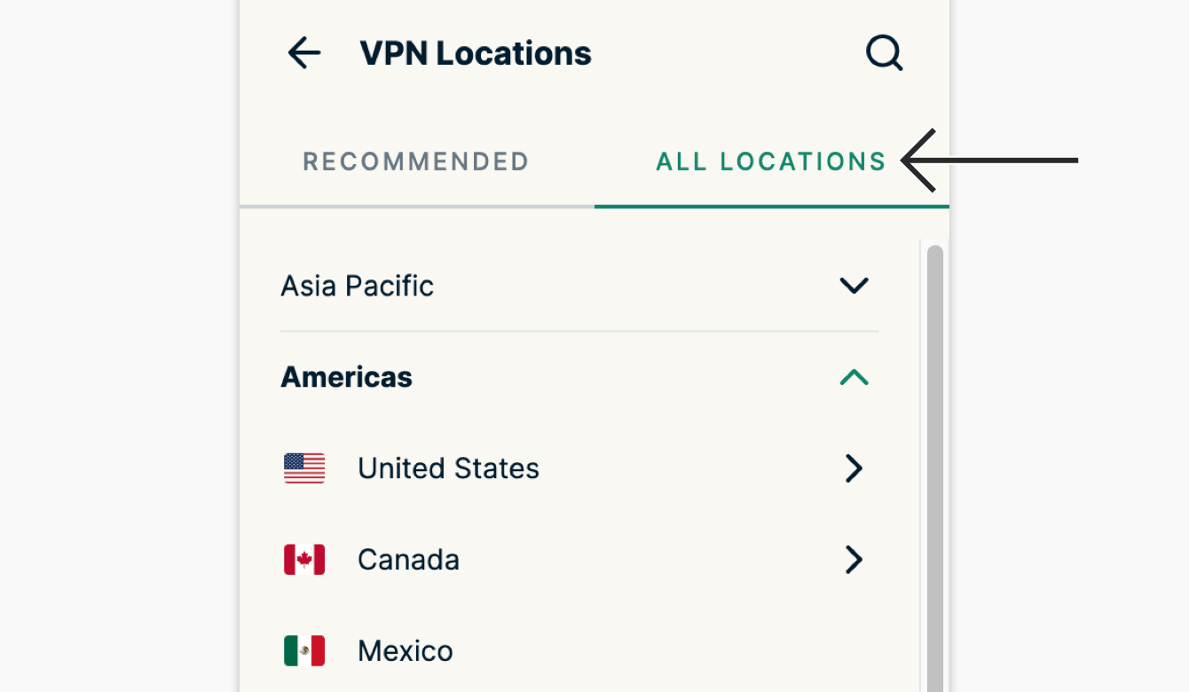 Click "All" Locations to see the list of all available VPN locations.
