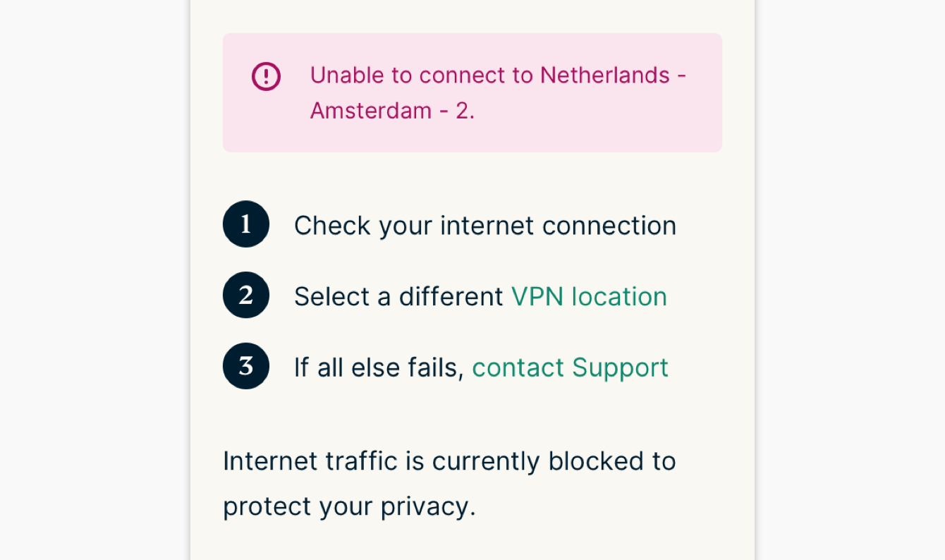 Você não consegue se conectar à localização do servidor VPN selecionada.