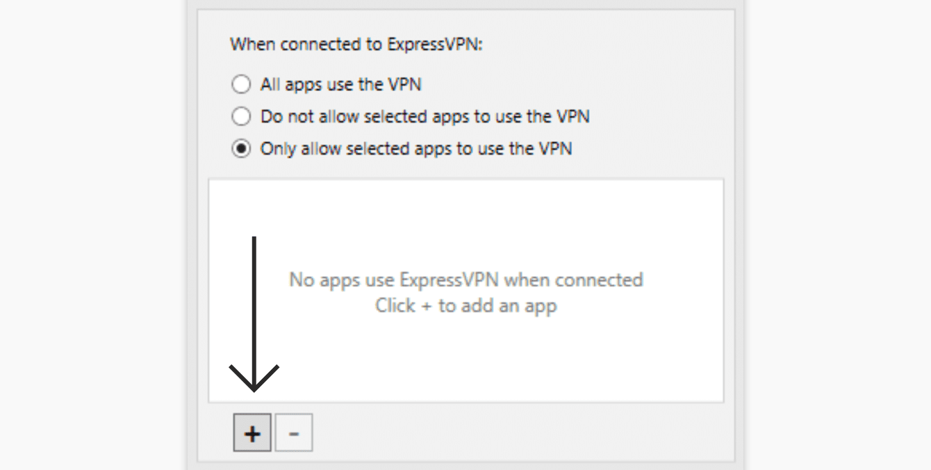 Sélectionnez Seules les applis sélectionnées utilisent le VPN”, then click the plus sign.