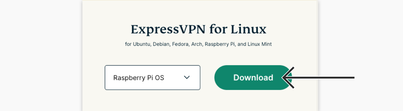 The download screen for the Raspberry Pi OS version of the ExpressVPN app, with an arrow pointing to the download button