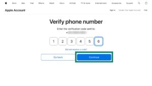 The Apple Account 'Verify phone number' web page showing a 6-digit code, with a green box highlighting the blue 'Continue' button.