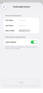 The Personal Information step of the 'Create Apple Account' process, showing input fields for First Name, Last Name, and Date of Birth.
