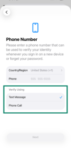 The Phone Number verification screen during Apple Account creation, with a green box highlighting the option to verify using a 'Text Message'.