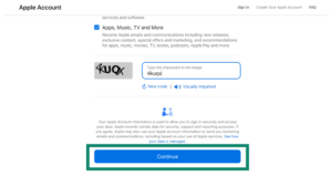 The Apple Account creation web page showing the CAPTCHA entry, with a green box highlighting the blue 'Continue' button at the bottom.