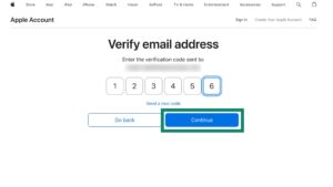 The Apple Account 'Verify email address' web page showing a 6-digit code, with a green box highlighting the blue 'Continue' button.