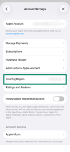 The 'Create Apple Account' screen with a green box highlighting the 'Country/Region' selector set to 'United States'.