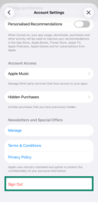 The bottom of the iOS Account Settings menu with a green box highlighting the red 'Sign Out' button.