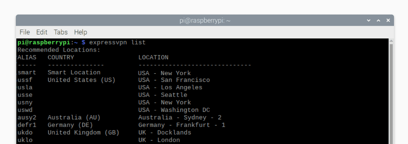 After running “expressvpn list,” you will see a list of recommended locations to connect to.