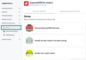 xpressVPN setup dashboard with "Router" tab highlighted in the left sidebar under network options.