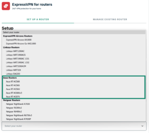 ExpressVPN router selection list displaying various manufacturers, with the "Asus Routers" section options highlighted inside a teal box.