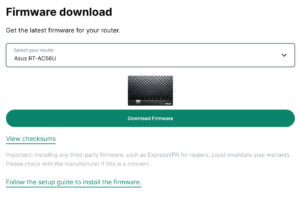 ExpressVPN firmware download page for the Asus RT-AC56U router, displaying a product image, download firmware button, and checksum link.