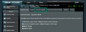 Asus router management dashboard displaying system settings tabs, with "Firmware Upgrade" highlighted inside a teal box.