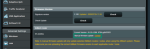 Asus router advanced settings page showing the system administration options, with the "Upload" link highlighted inside a teal box.