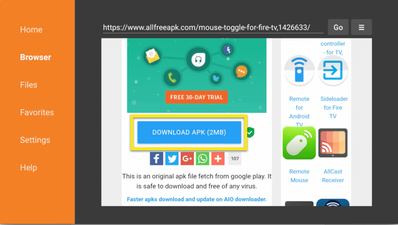 Browser-fane med Download APK-knap fremhævet.