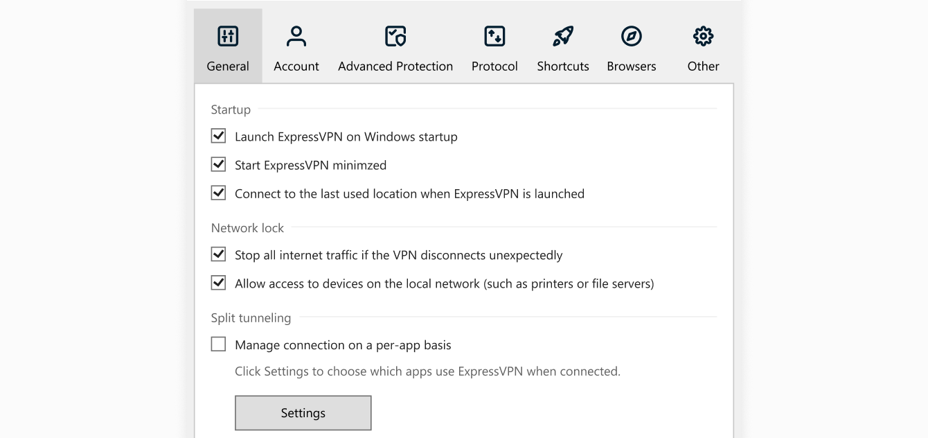 General settings on the ExpressVPN Windows app
