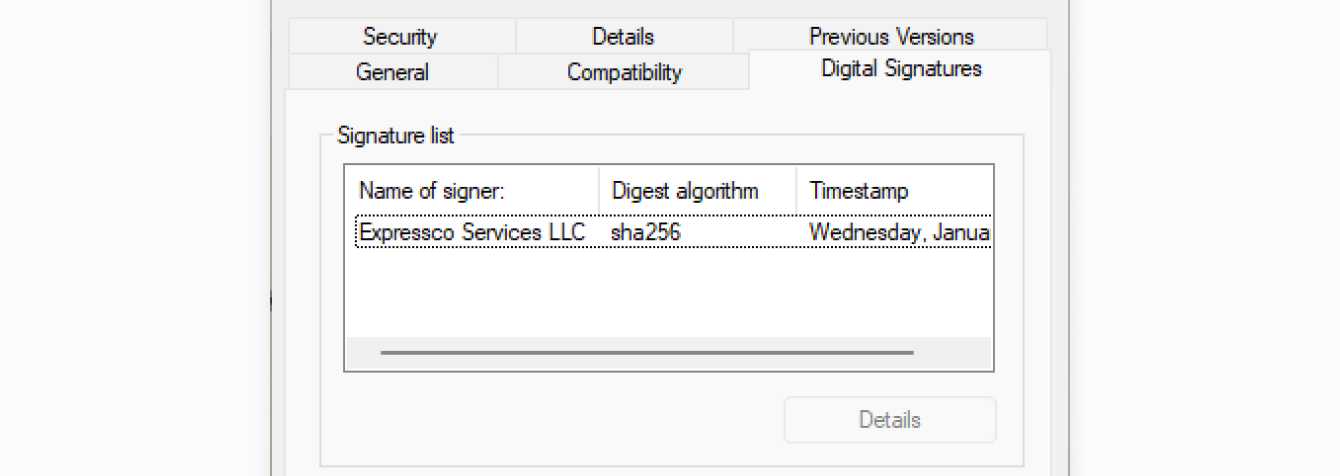 Screenshot showing the Properties window of the ExpressVPN app installer file