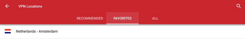 The favorite locations tab on the ExpressVPN for Nvidia Shield app.