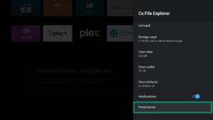 App settings tab for the Cx File Explorer app on an Android TV. The Permissions option is highlighted.