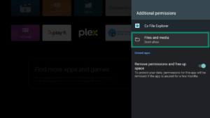 Additional permissions tab for the Cx File Explorer app on an Android TV. The Files and media option is highlighted.