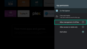 App permissions tab for the Cx File Explorer app on an Android TV. The Allow management of all files option is highlighted.