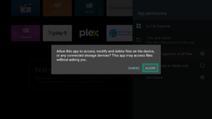 Permission popup window for the Cx File Explorer app on an Android TV. The Allow button is highlighted.