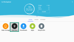 Cx File Explorer app interface showing the home screen on an Android TV. The USB drive tab is highlighted.