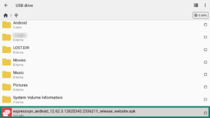 Cx File Explorer app interface showing the contents of a USB flash drive on an Android TV. The ExpressVPN APK app is selected.