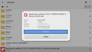Cx File Explorer app interface showing a pop-up window for the installation of the ExpressVPN APK app. The Install button is highlighted.