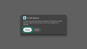 Installation permissions popup window for the Cx File Explorer app on an Android TV. The Settings button is highlighted.