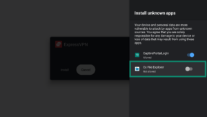 Install unknown apps tab for the Cx File Explorer app on an Android TV. The Cx File Explorer toggle is highlighted.
