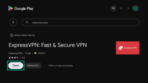 Google Play Store page on an Android TV showing the ExpressVPN app page. The Open button is highlighted.