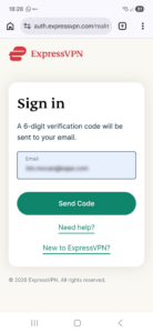 ExpressVPN sign-in page on an Android phone.