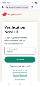 ExpressVPN code verification page on an Android phone.