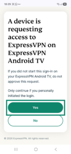 ExpressVPN device login request page on an Android phone. The Yes button is highlighted.