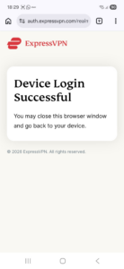 ExpressVPN Device Login Successful page on an Android phone.