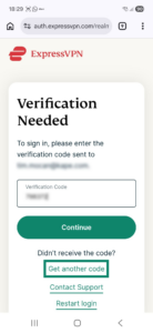 ExpressVPN code verification page on an Android phone. The Get another code button is highlighted.