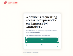 ExpressVPN device sign-in request page on Windows. The Yes button is highlighted.