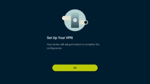 ExpressVPN app interface showing the VPN setup notification screen on an Android TV.
