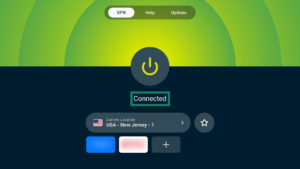 ExpressVPN app interface showing an active VPN connection on Android TV. The Connected status is highlighted.