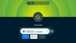 ExpressVPN app interface showing an active connection on Android TV. The VPN server location widget is highlighted.