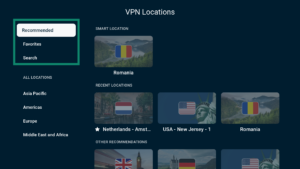 ExpressVPN app interface showing the VPN Locations window on Android TV. The Recommended, Favorites, and Search tabs are highlighted.