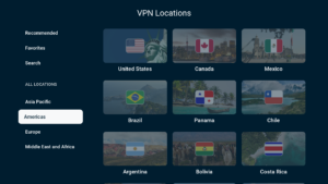 ExpressVPN app interface showing the Americas tab on the VPN Locations window on Android TV.