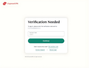 ExpressVPN verification code screen on Windows.