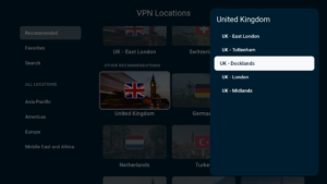 ExpressVPN app interface showing the available cities for a specific country location.